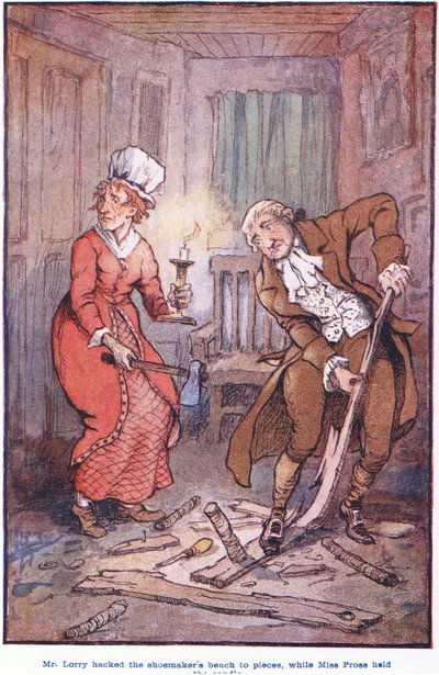 Mr. Larry hakte de schoenmakersbank in stukken, terwijl Miss Pross de kaars vasthield door F. M. B. Blaikie